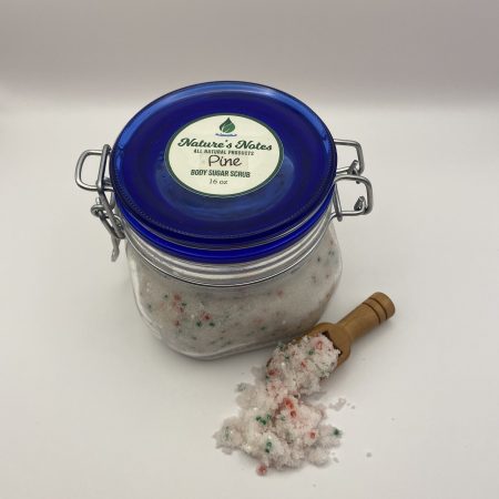 Cobalt blue and clear flip lid Pine Sugar Scrub with green and red colored beads for the holidays. Bamboo scoop included.